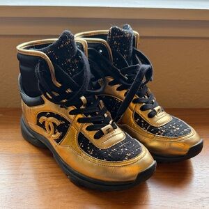 Chanel Womens Metallic Gold & Black High-Top Sneakers